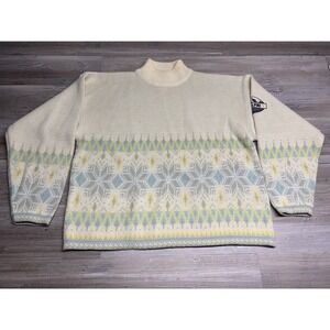 Vintage Womens Fair Isle Knit Sweater Nordic Snowflake Pattern Badge Alpine Sz L
